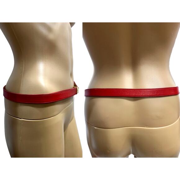 70s Pierre Cardin Red Leather Skinny Belt w Gold Logo Buckle | 31.5 - 37\